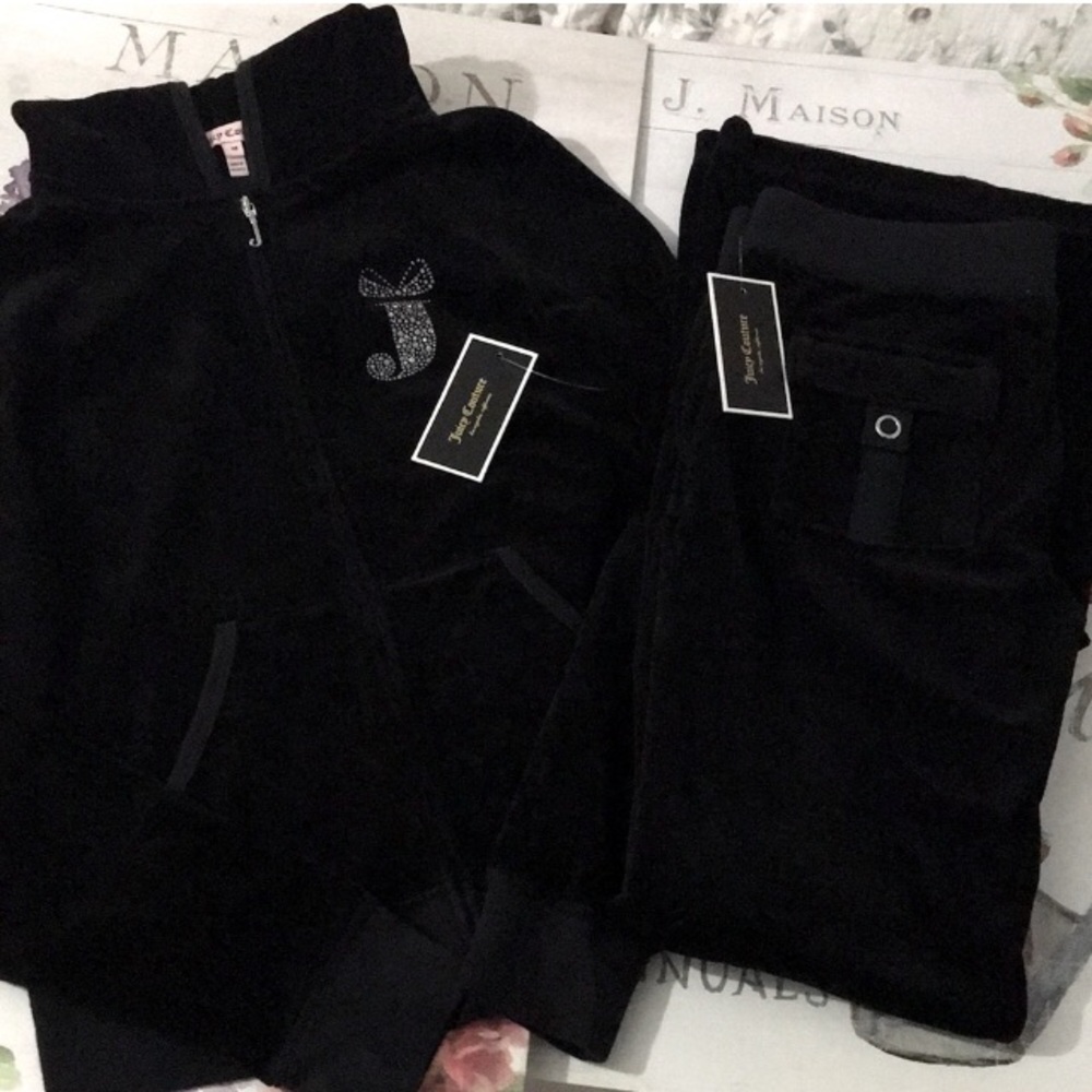 ASO NWT Y2K✨Juicy Couture Vintage USA🇺🇸Black Velour Tracksuit M Jacket/Sm Pant
